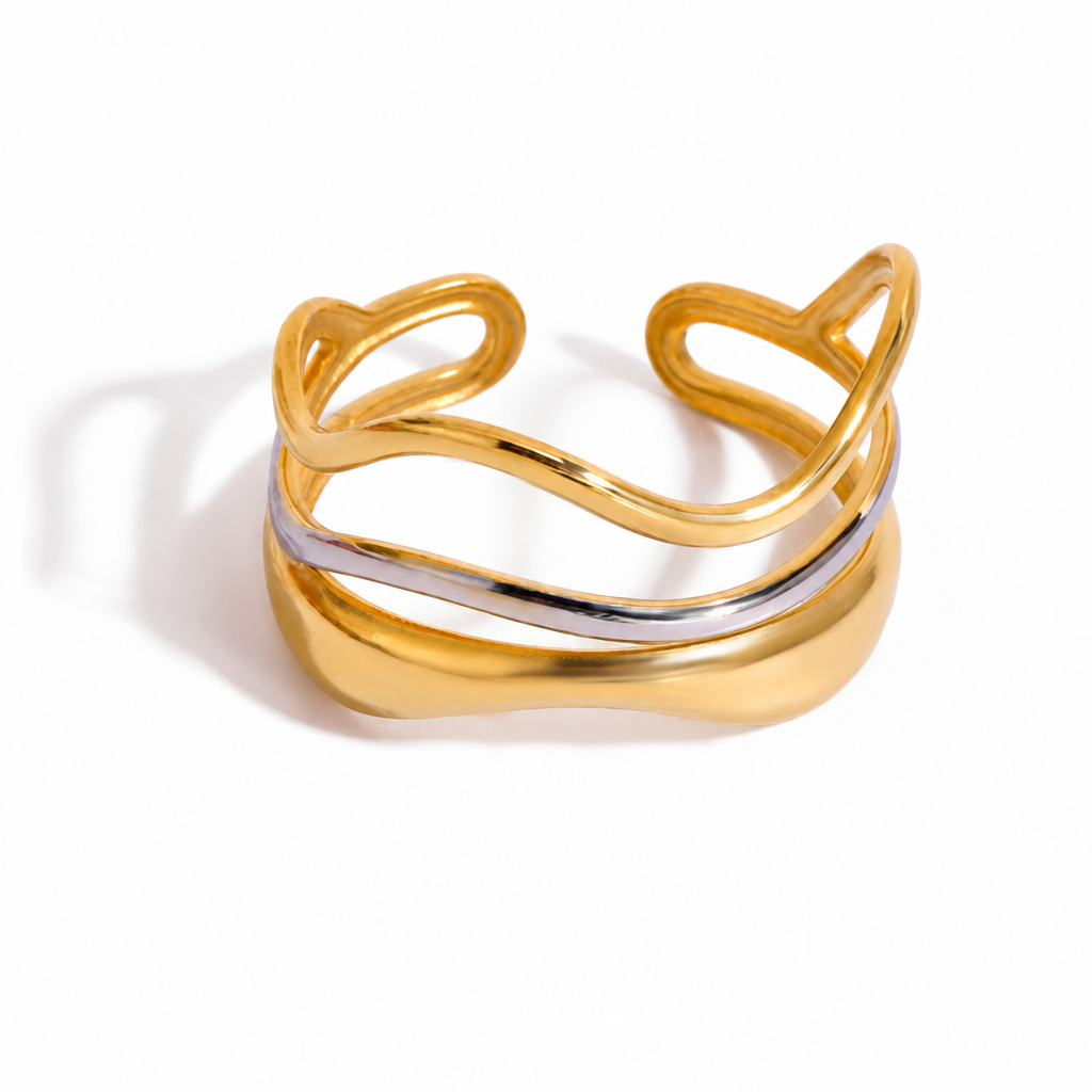 bicolor wave cuff ring gold silber edelstahl wasserfest