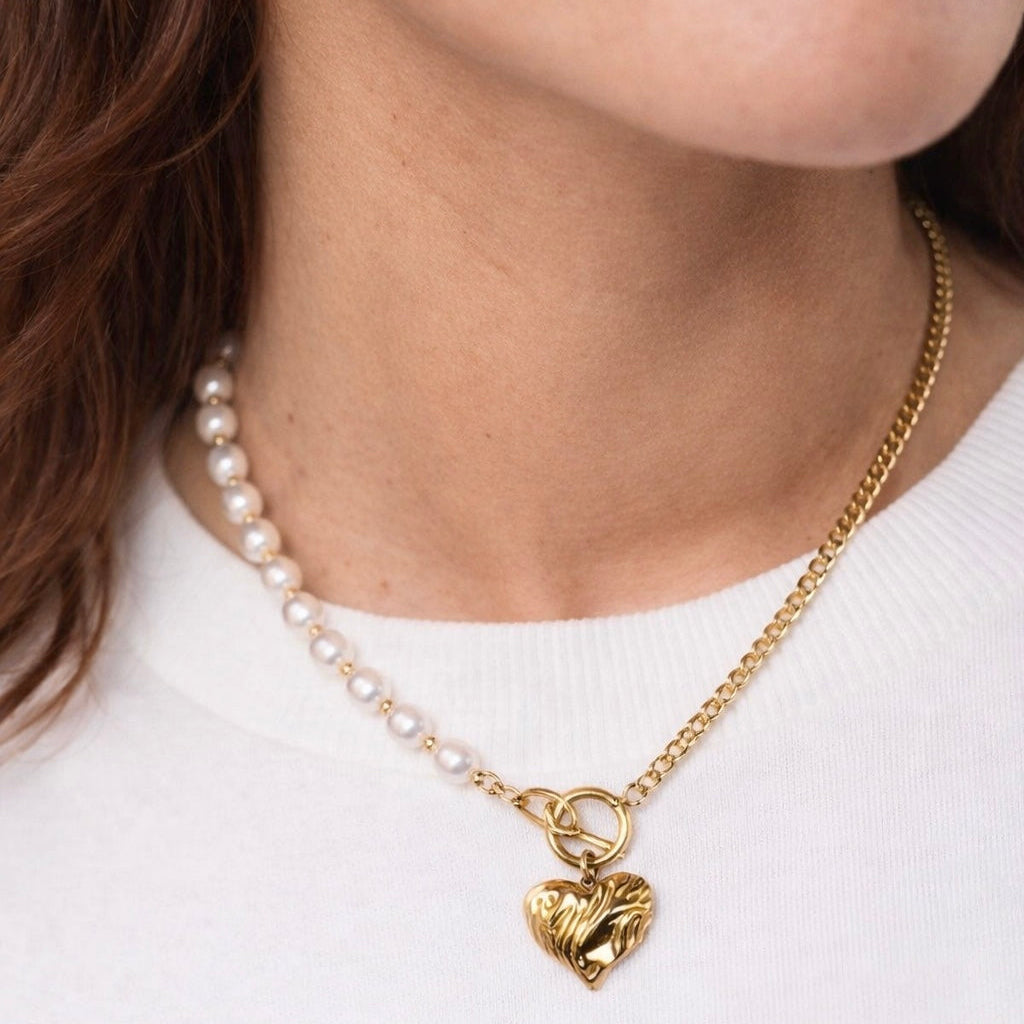 pearl love kette perlen glieder herzanhänger gold