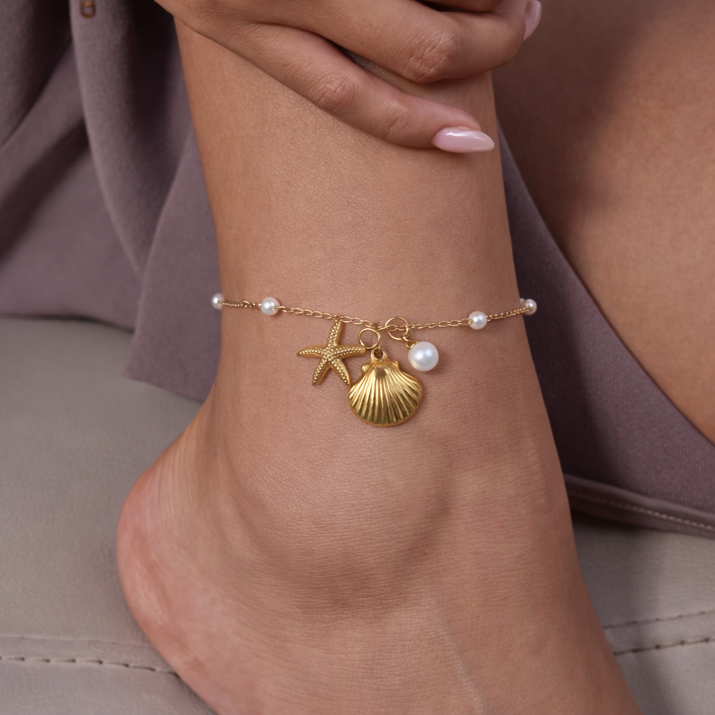 ocean whisper fusskettchen gold seestern muschel perlen