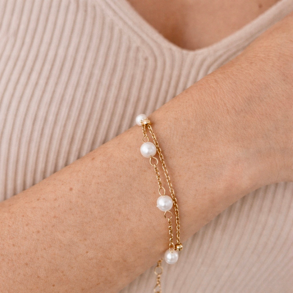 pearl elegance armband gold zweireihig edelstahl wasserfest