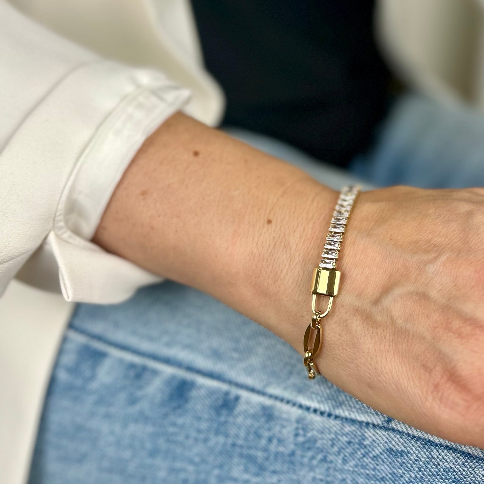 crystal link armband wrist shot gold modern